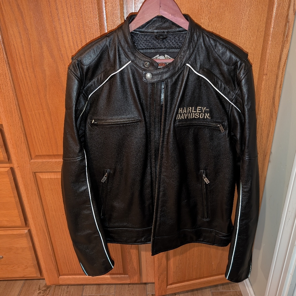 Vintage Harley Davidson Genuine Leather Black Riding Jacket Men size L Reflectiv